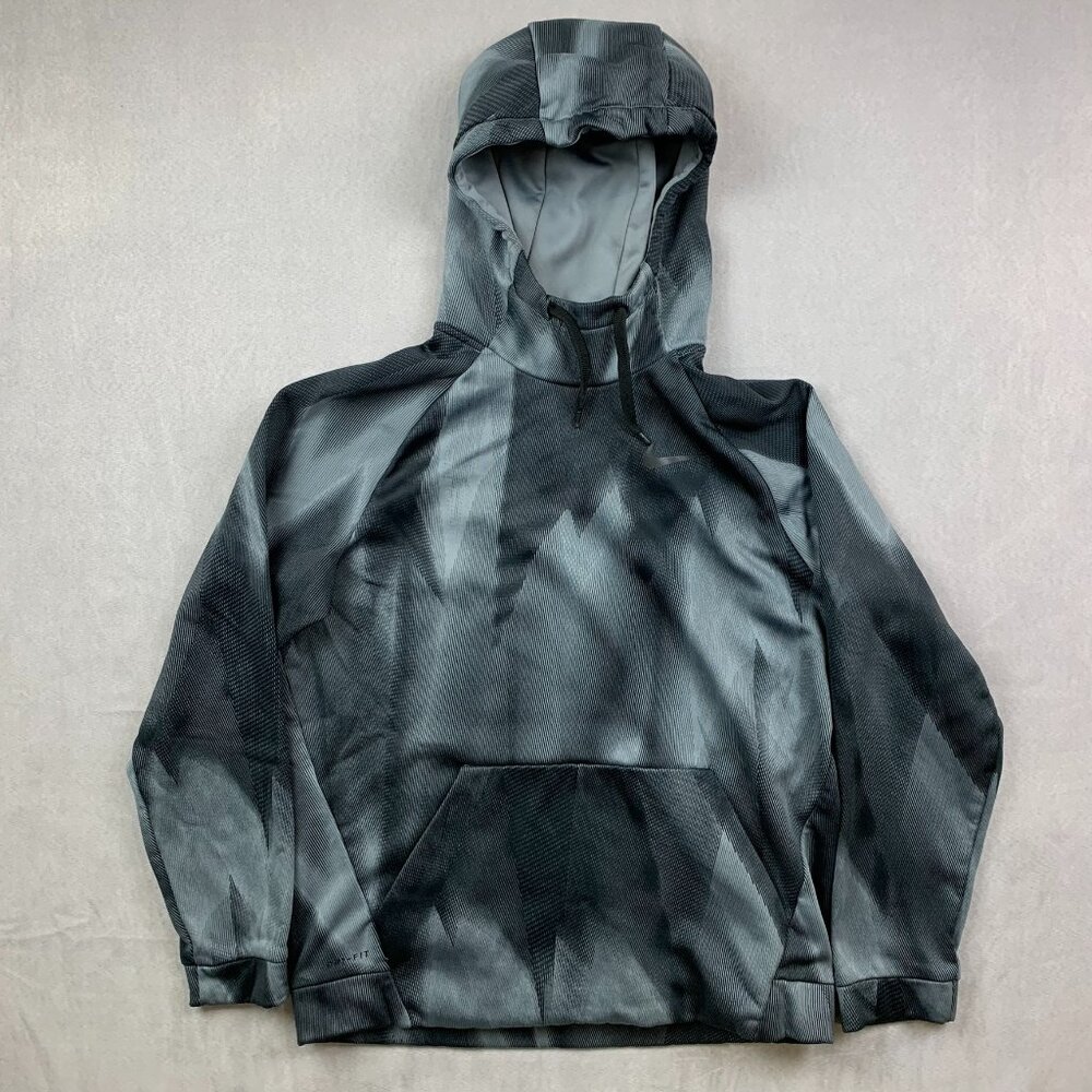 Nike Mens Sweater Large Gray Geometric Hoodie Long Sleeve Fleece Therma Dri Fit